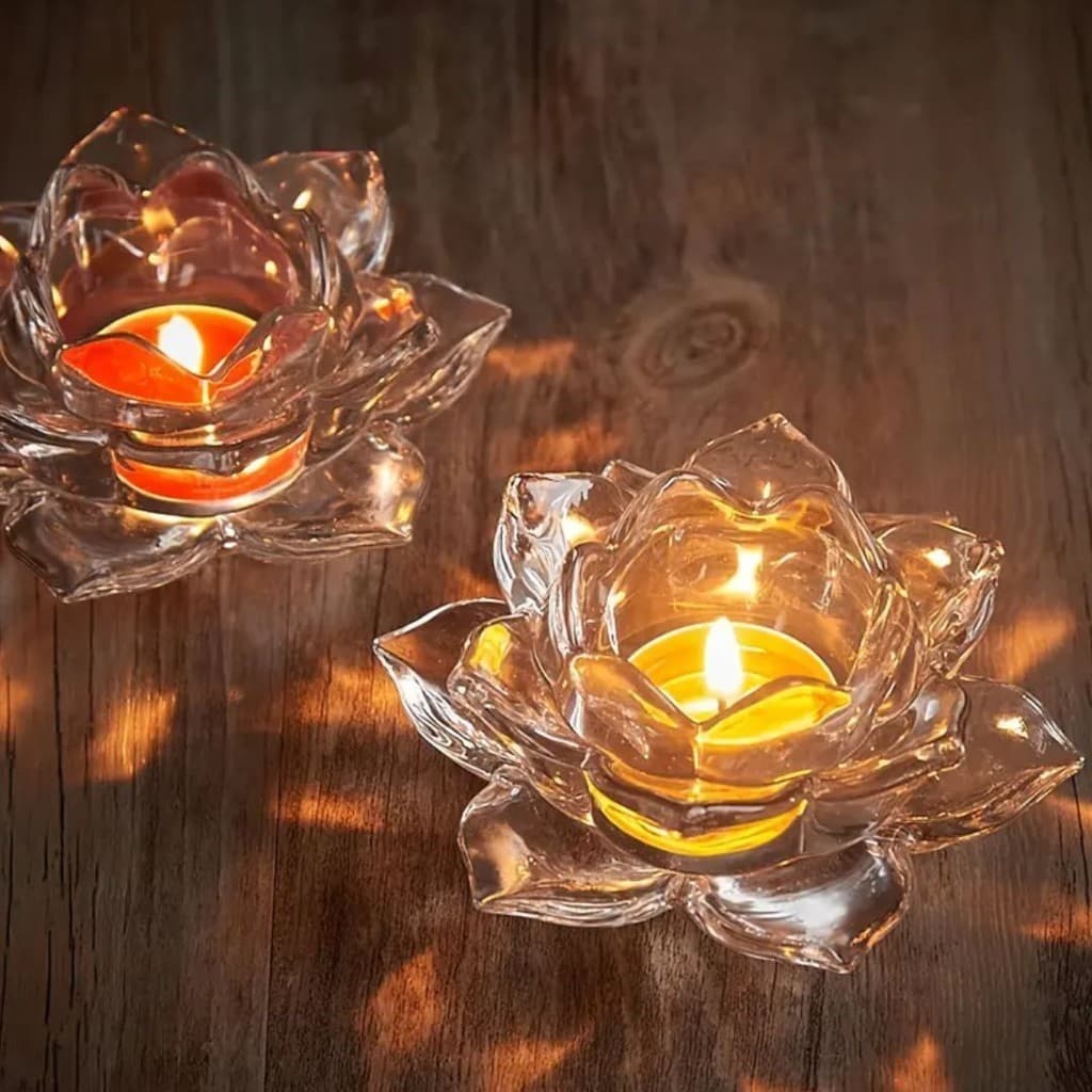 Kit 02 Castiçal de Vidro Porta Velas Flor de Lótus Decoração