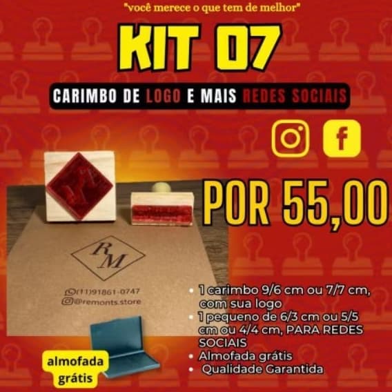kit carimbos  (07) (1 carimbo 7/7 cm ou 9/6 cm + um carimbo 6/3cm com almofada grátis)