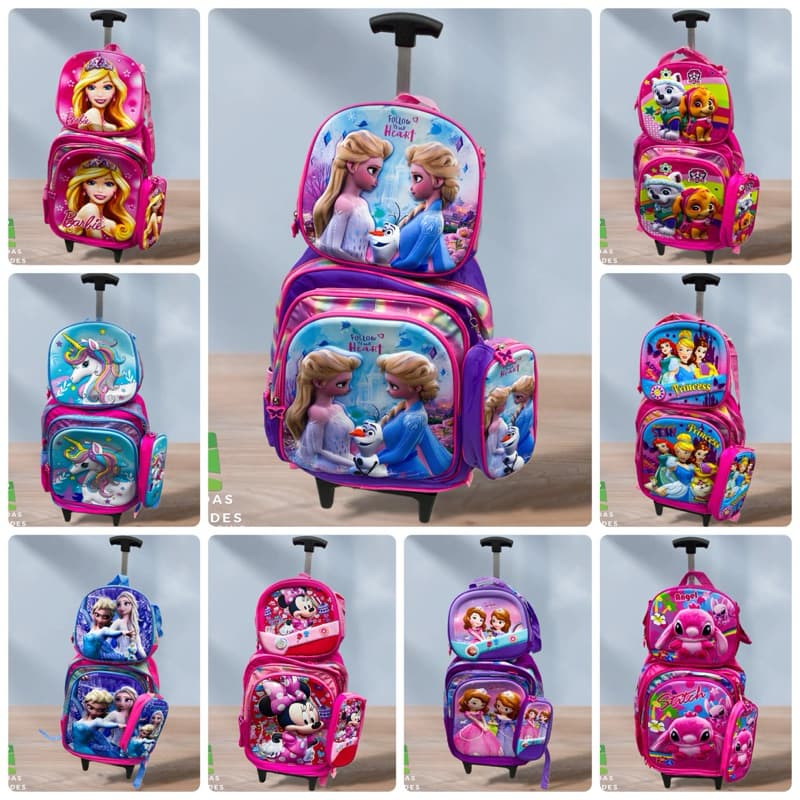 mochila escolar kit com lancheila estojo  3repartições,mochila com rodinha MENINAS ref 6066