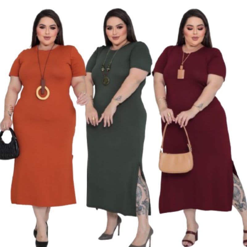 VESTIDO FEMININO MIDI PLUS SIZE G2 COM BOLSOS LATERAIS/ VISCOLYCRA MALHA LISA