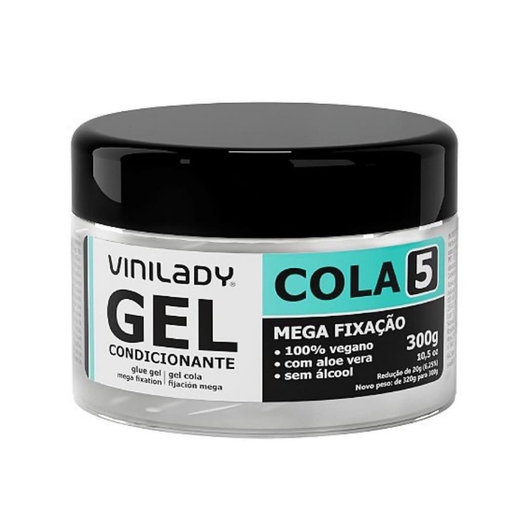 Gel Cola Masculino Mega Fixação Nº 5, Vegano sem álcool, com Aloe Vera 300g- Vini Lidy
