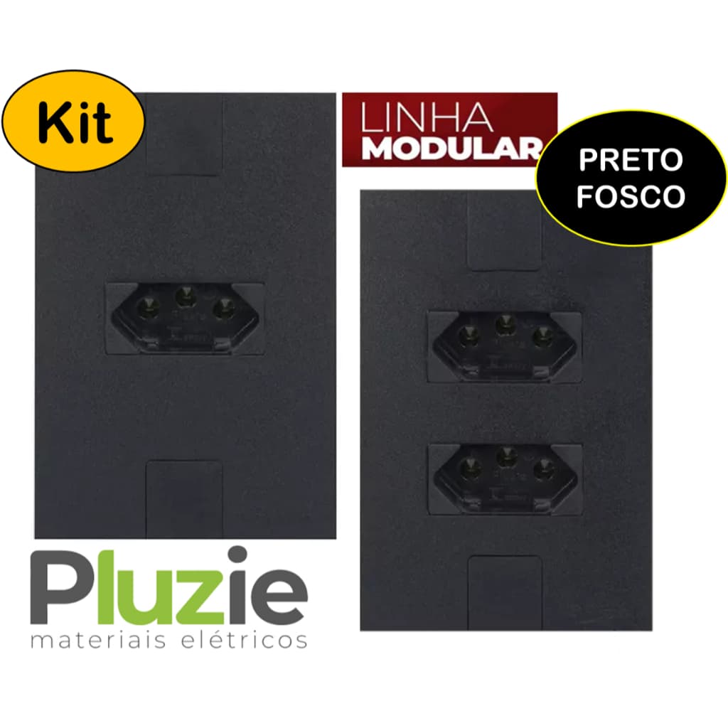 Kit Tomada Única Dupla 10a 20a Pluzie Modular Preto Fosco
