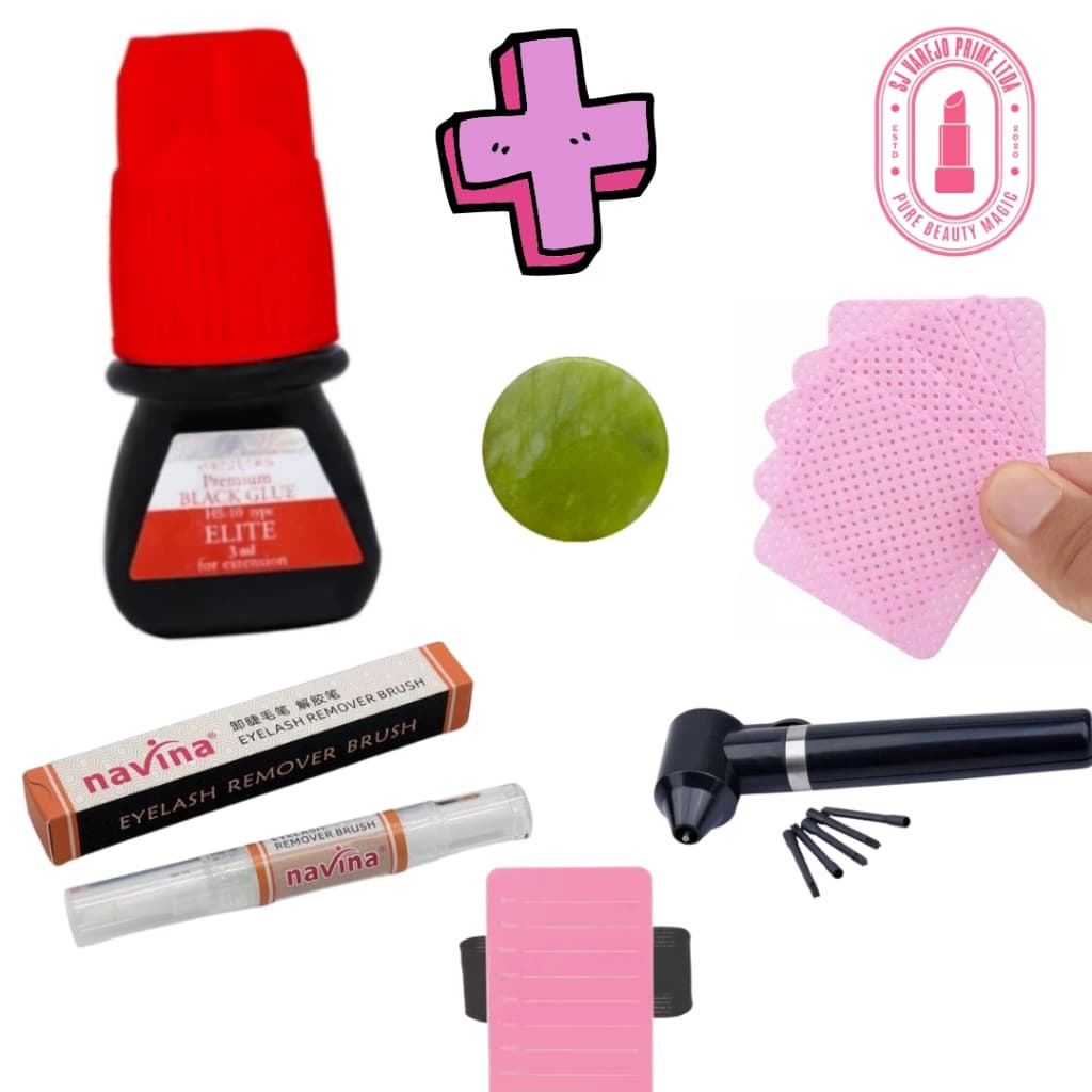 Cola Adesiva de Cílios + Mixer + Pedra de Jade + Caneta removedora de cola + 200 lenços de limpeza de pinça + Placa  mão