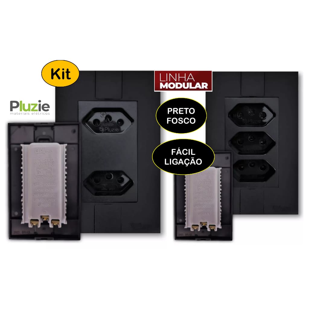 Kit Tomada  Fácil Ligação Dupla Tripla 10a 20a Monobloco Pluzie Modular Preto Fosco
