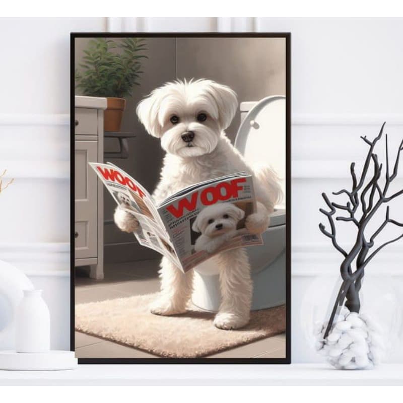 Quadro cachorro na privada 1 tela spitz decoração para banheiro quadro de lhasa apso branco