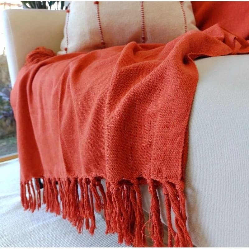 Manta Decorativa 180 x 240 Algodao com Franjas para Sofa Poltrona Cama Posta Liso Xadrez Terra Cota Bege Vermelho Rosa
