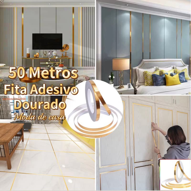 Fita Decorativa Metalizada Dourada Para Painel Ripado 50 Metros Artesanato Decoração Filete Painel