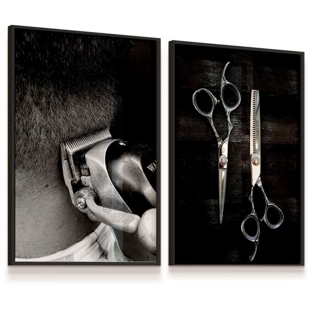 Quadro Decorativo Vidro Barbearia Barbeador Cabelo Tesoura Corte 33x43cada