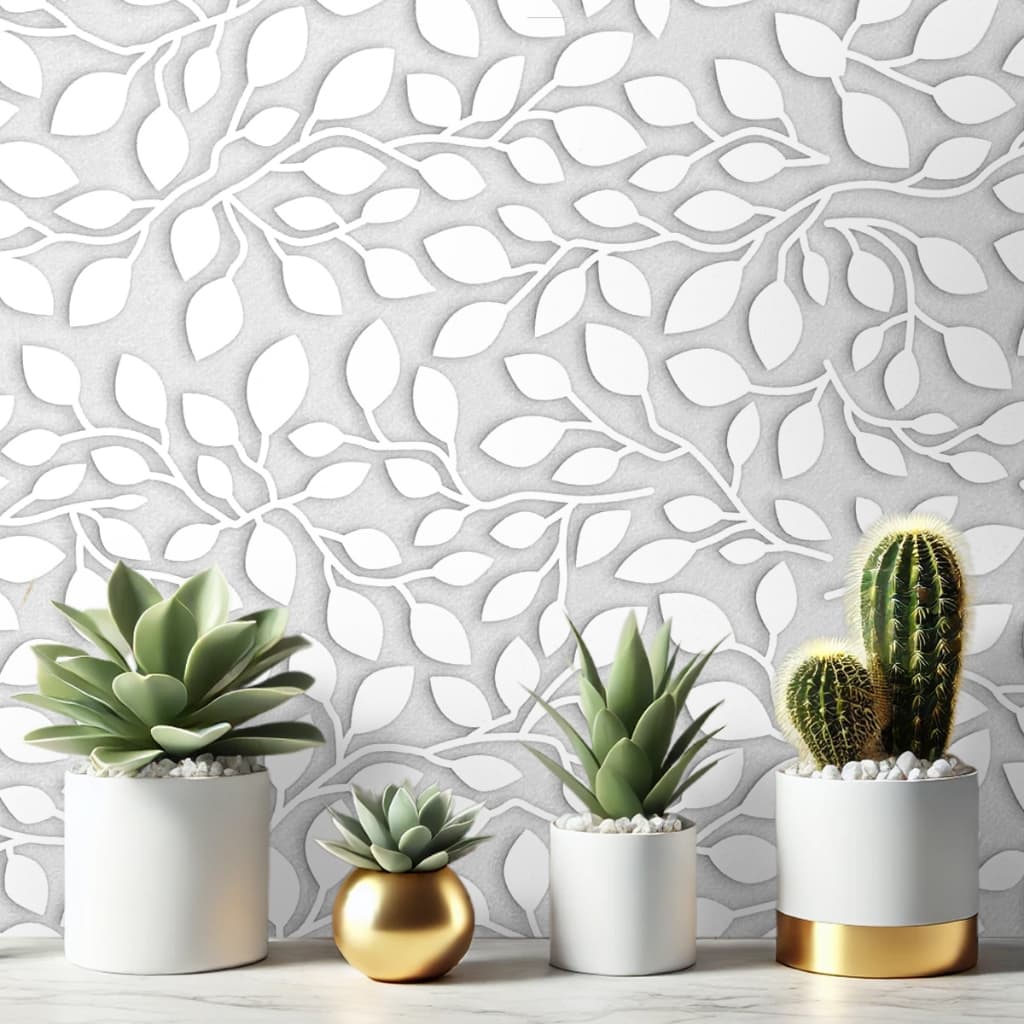 Papel De Parede Autocolante Ramos Follhas 3D Branco Cinza Antimofo Lavável 5M x 0,45cm