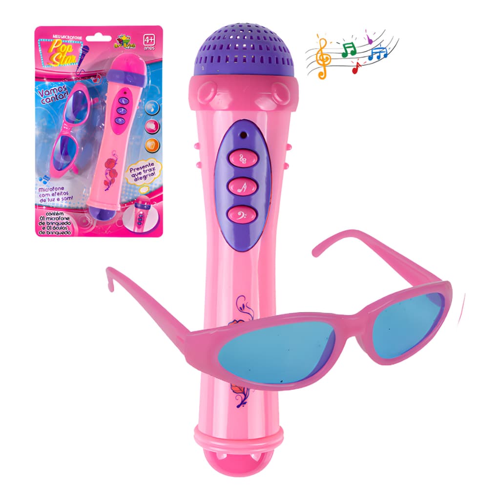 Microfone Infantil Pop Star Com Óculos E Efeitos Luz E Som Brinquedo Menina Alegria Karaoke
