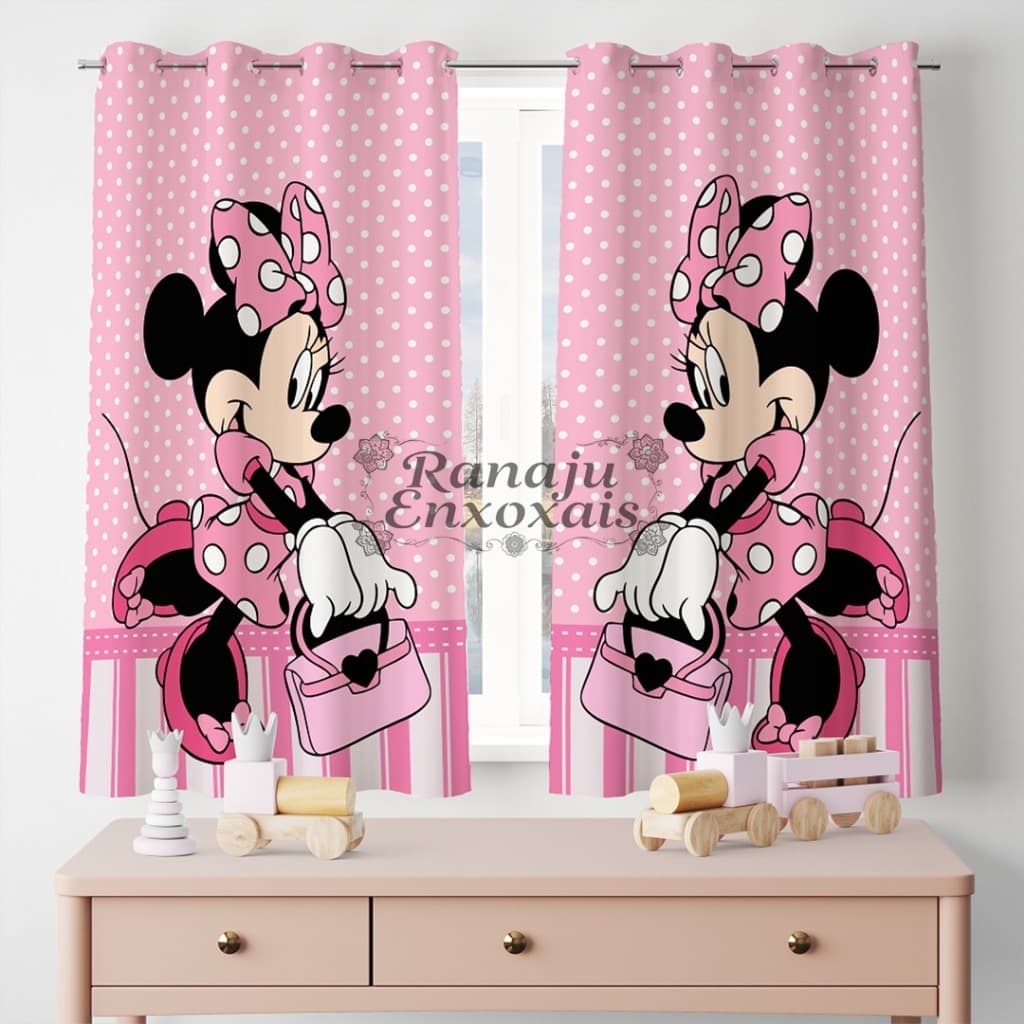 CORTINA INFANTIL PARA JANELA MINNIE ROSA QUARTO DE MENINA ILHÓS TECIDO ESTAMPADO