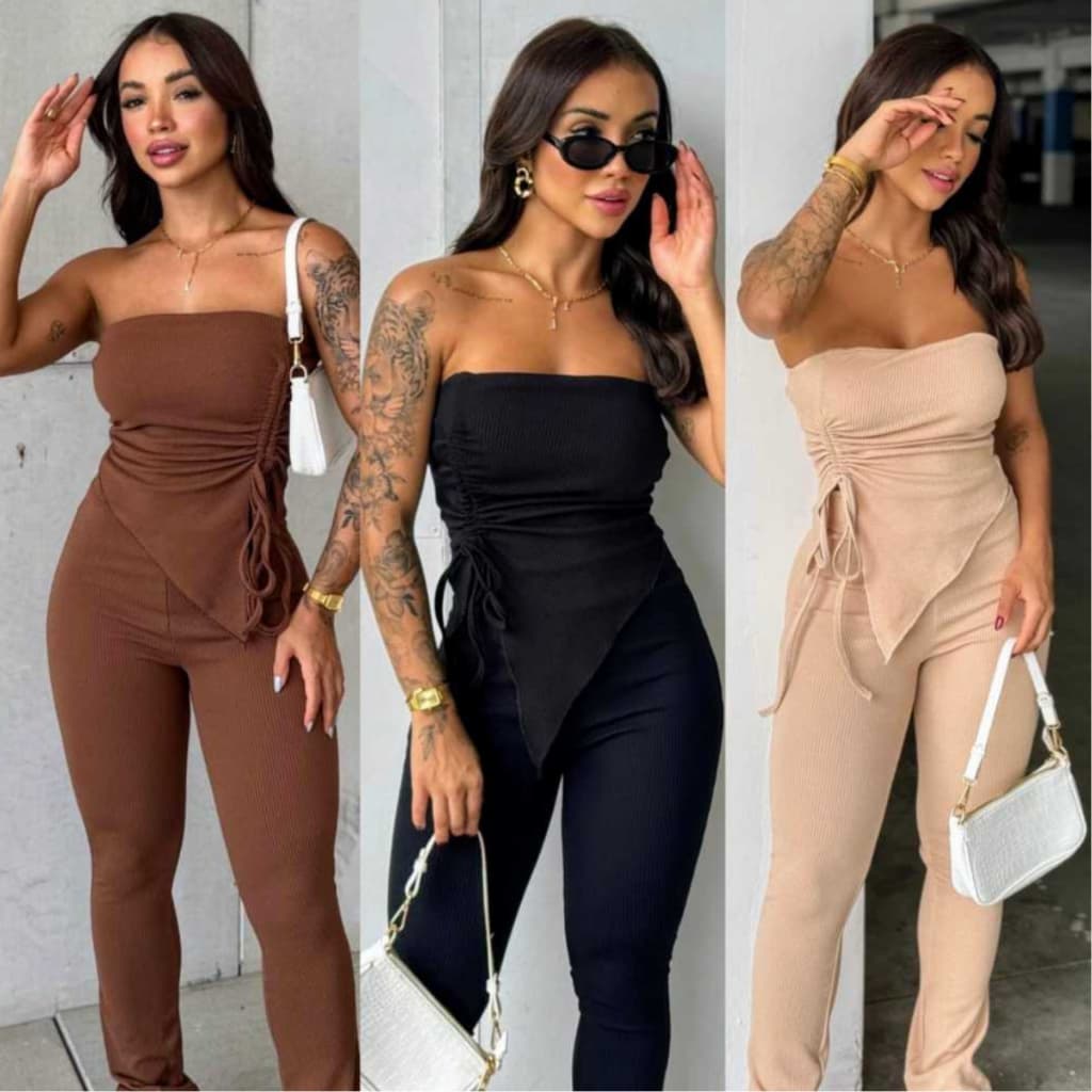 Conjunto Feminino Outono/Inverno Calça e Tomara que Caia Canelado