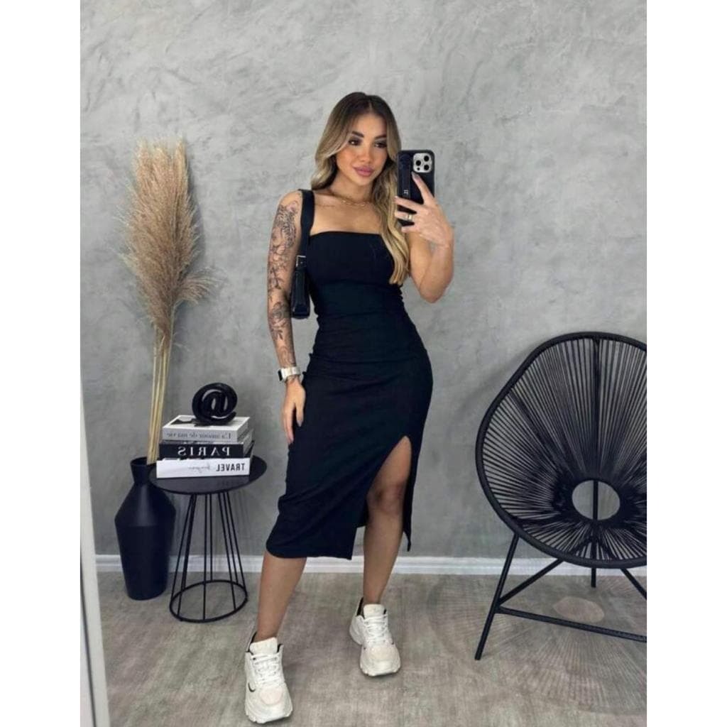 Vestido Feminino Midi Tomara Que Caia Com Fenda Bojo Suplex