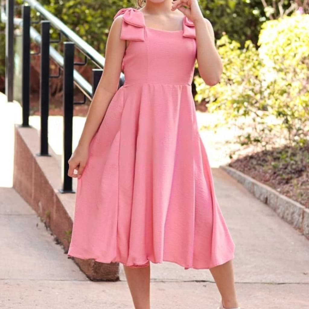 Vestido Menina Midi Juvenil Fluido Duna Alcinha Laço