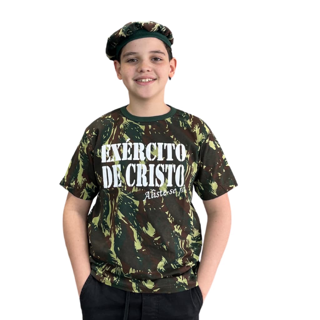 Kit Camiseta Camuflada Infantil Exercito de Cristo + Boina