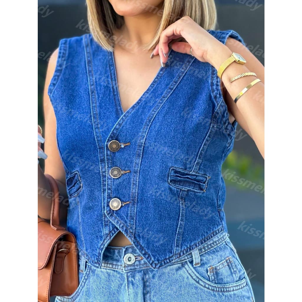 kissmelady 8141coletes jeans feminina cropped top sem manga 8141