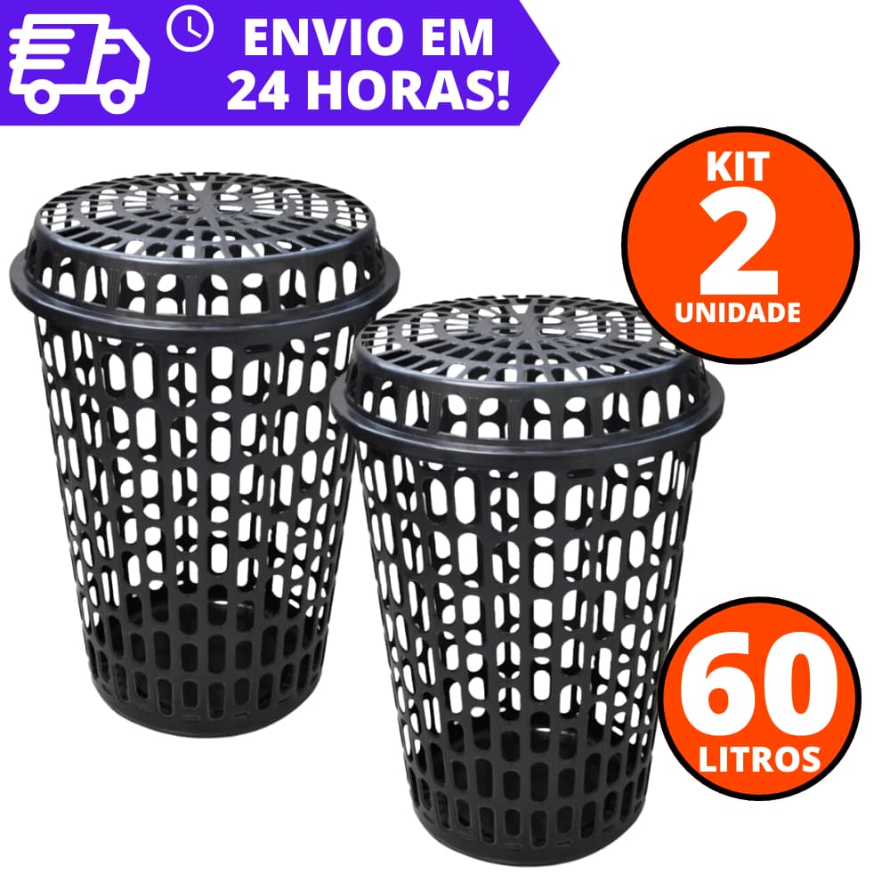Kit 2 e 1 Cestos de Roupas Telados com Tampa 60 Litros REFORÇADO