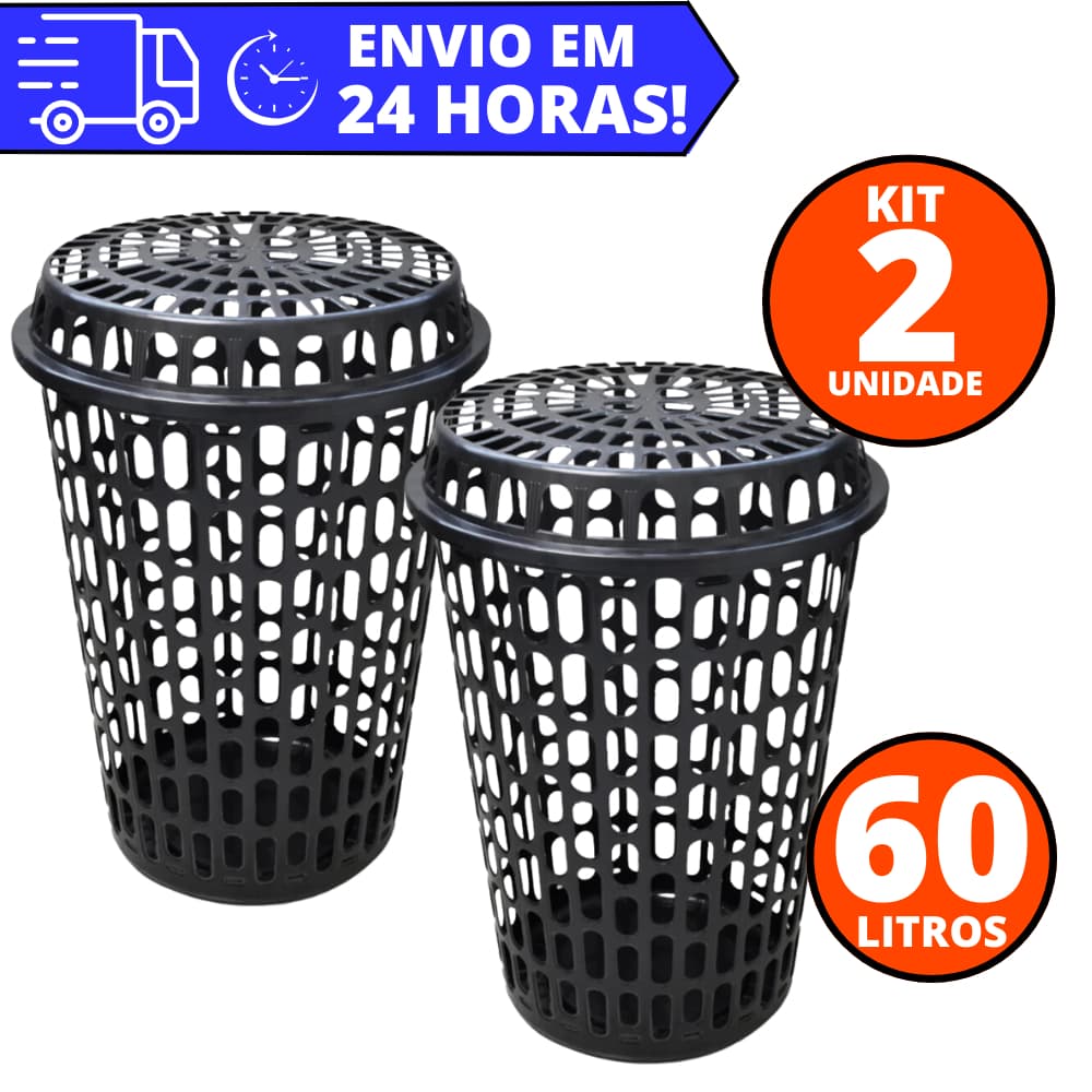 Kit 2 e 1 Cestos de Roupas Telados com Tampa 60 Litros REFORÇADO