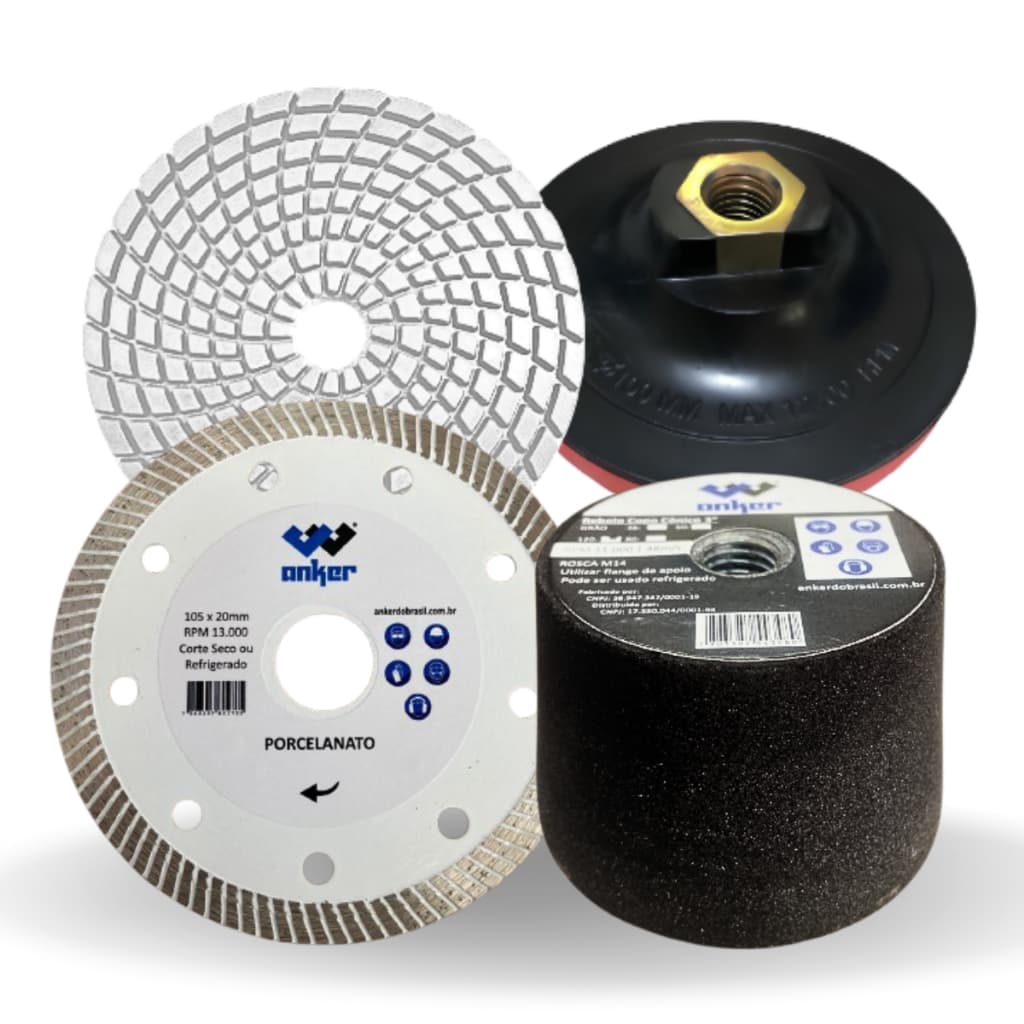 Kit Acabamento 45 Porcelanato Rebolo Lixa Suporte Disco