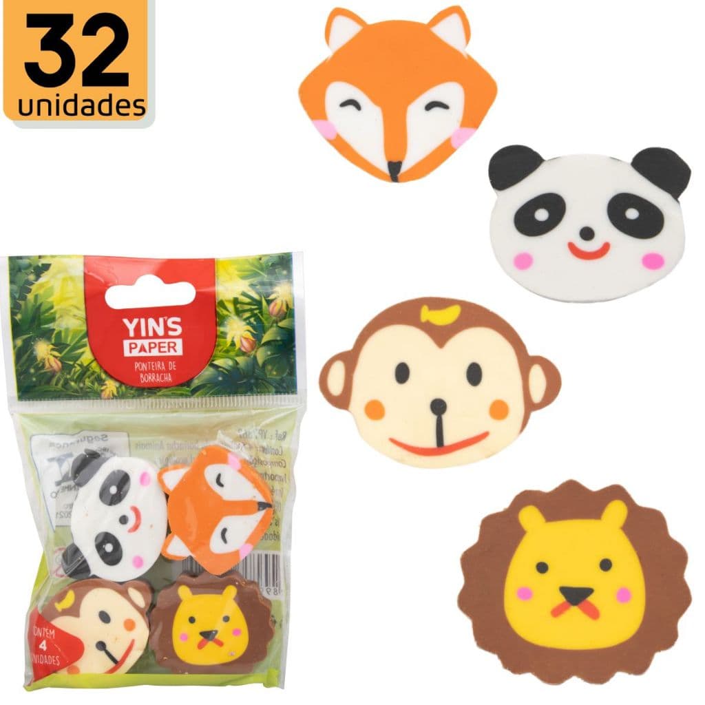 32 Borrachas Escolar Ponteiras Yins Bichinhos Raposa Panda leão Macaco YINS PAPER