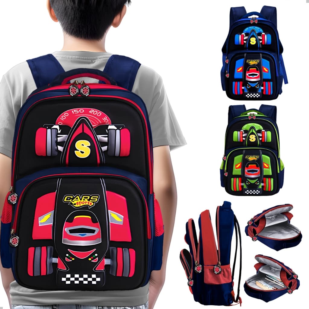Mochila Para Meninos Infantil Carro de Corrida Escolar 3D