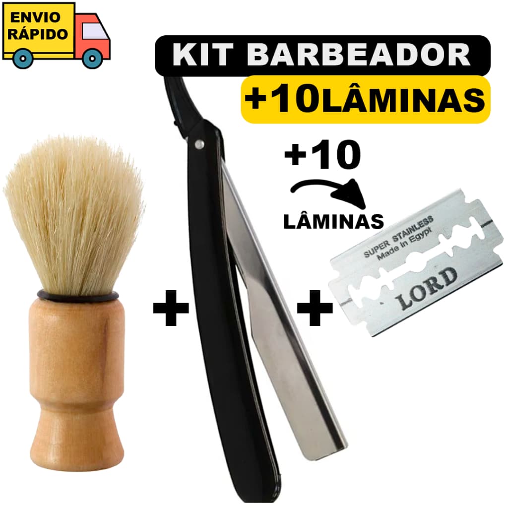 Kit Barbeiro Profissional Navalhete Inox Cabo Plastico +10 Lâminas e Pincel De Barba Profissional