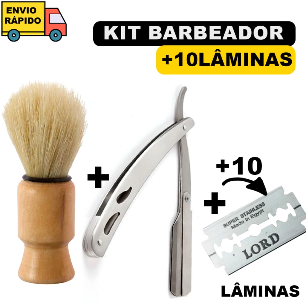 Kit Navalhete De Inox Para Barbear +10 Lâminas +Pincel Barbear Para Cabeleireiro Profissional