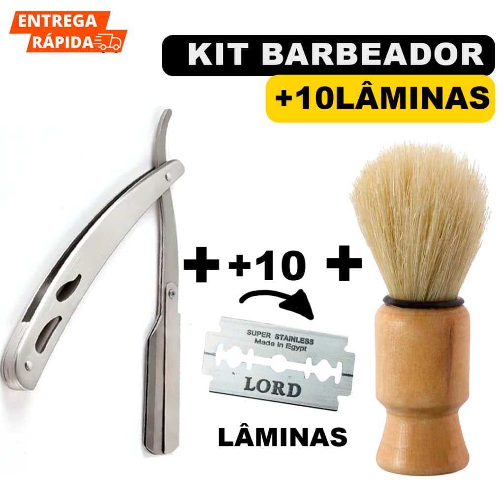 Kit Barbeiro Navalhete De Inox Com 10 Lâminas e Pincel Barbear Para Cabeleireiro Profissional