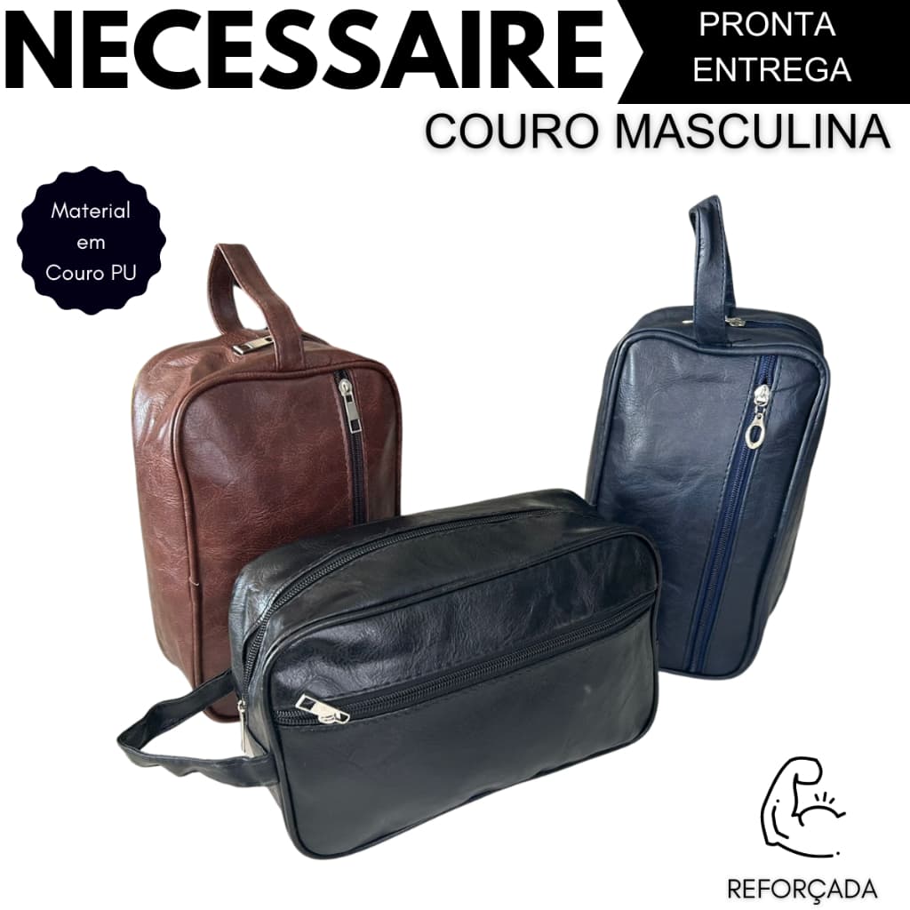 Necessaire Masculina Feminina Alça Lateral Para Organizador de Viagem em Couro