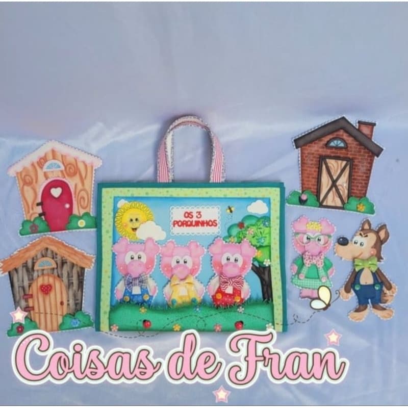 Sacola cenário os 3 porquinhos-recurso pedagógico, recurso lúdico, escolar, infantil, sacola cenário