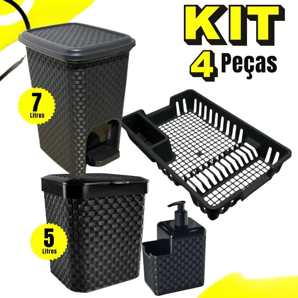Kit Lixeira 7 Litros + Lixeira Pia 5 Litros + Porta Detergente + Escorredor Louça