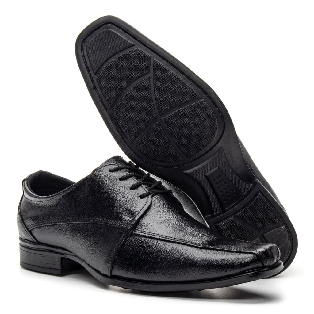 Sapato Social Couro Sintetico Cacarco Preto Brilhante Social Bico Fino