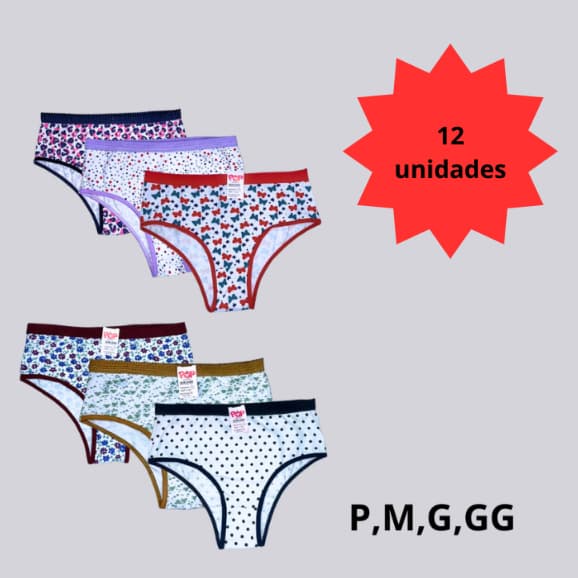 Kit 12 Calcinhas Cós Alto Calçola Adulto Cós Exposto Estampada