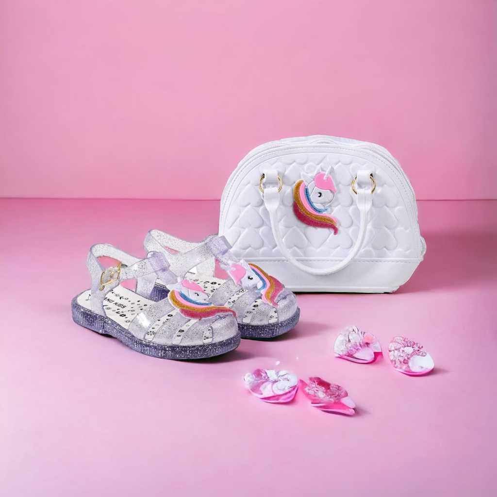 Kit Sandália Feminina Infantil Com Bolsinha Menina Personagens Lançamento Leve Envio Imediato
