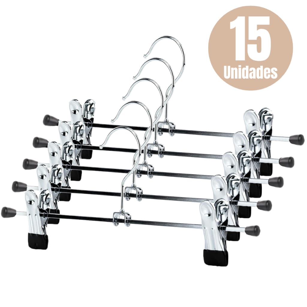 Kit 15 Cabides Presilha Metal Cromado Premium Para Saia Calça Bermuda Vestido Atacado