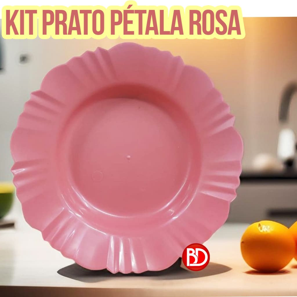 Kit 50 Pratos Pétala fundo redondo de plástico Rosa salmão para refeição