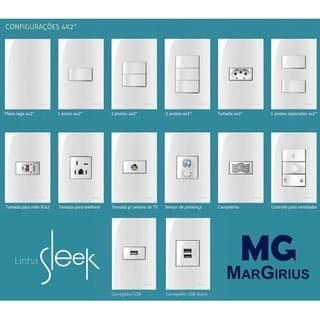 Conjuntos Tomada Interruptor Margirius Sleek Branca Brilhante Linha Completa 4x2 4x4