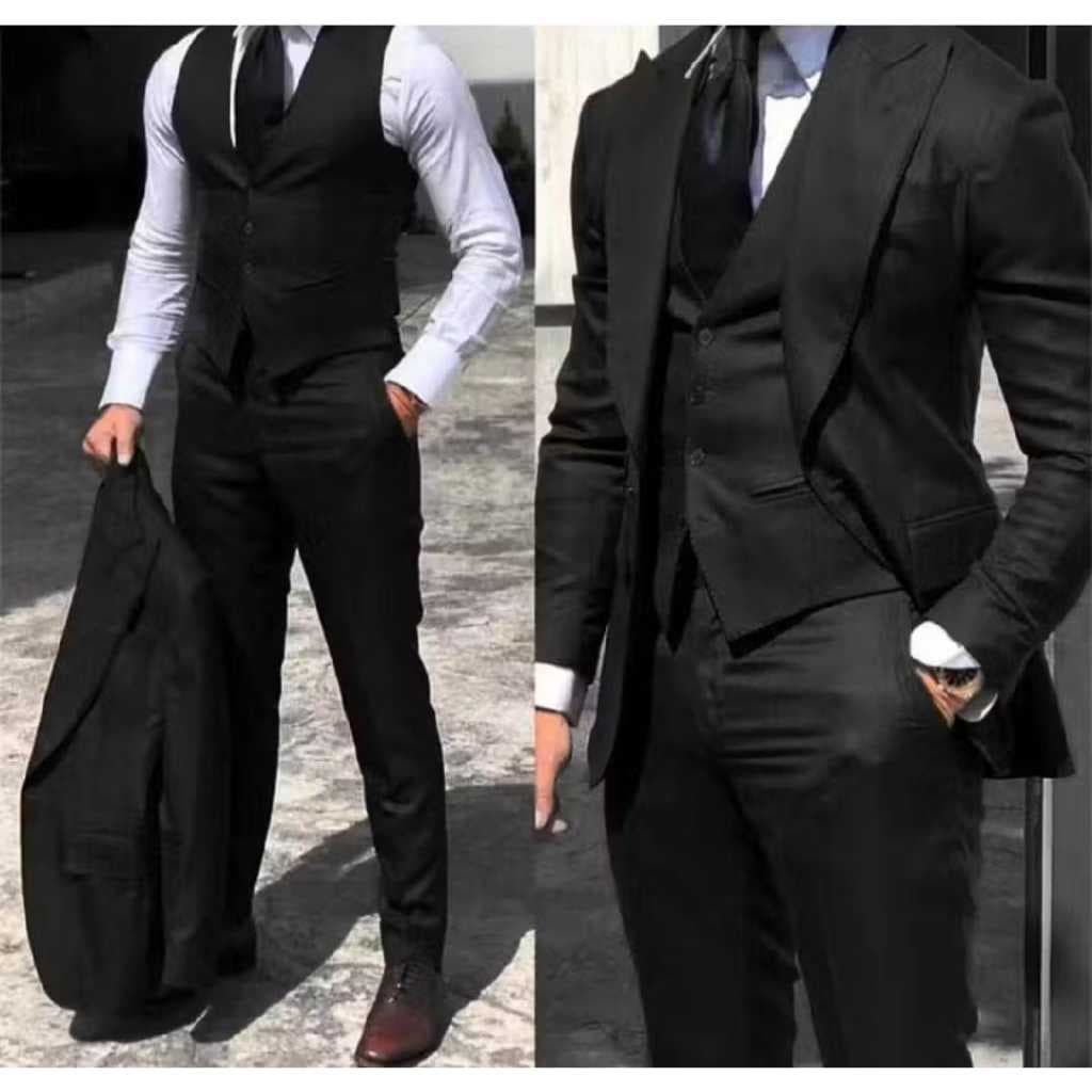 Terno Masculino Oxford Completo Preto Premium Corte Italiano (Paleto+calça+colete + Gravata de brinde) Gramatura 180