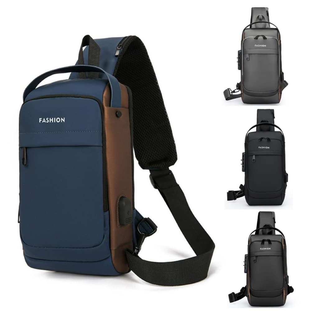 Bolsa Masculina Pochete Transversal Cadeado Ombro Impermeável Tecido Liso Antifurto Bolsa de Peito