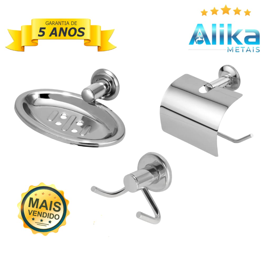 kit acessórios para banheiro 3 peças aço inox e alumínio saboneteira cabideiro e porta papel higiênico