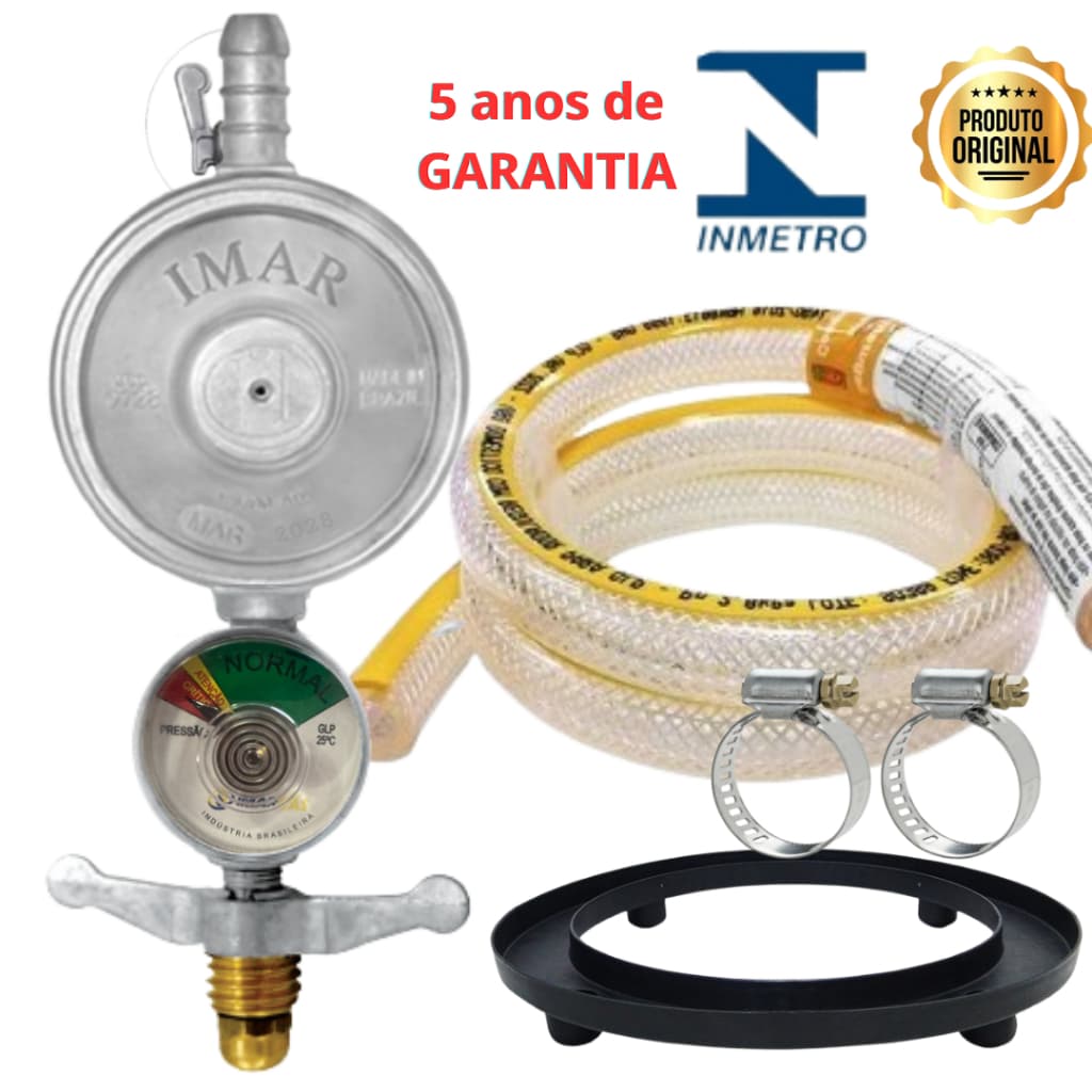 Kit Registro Regulador Gás Manômetro Mangueira 1,25m Abraçadeira Suporte Botijão