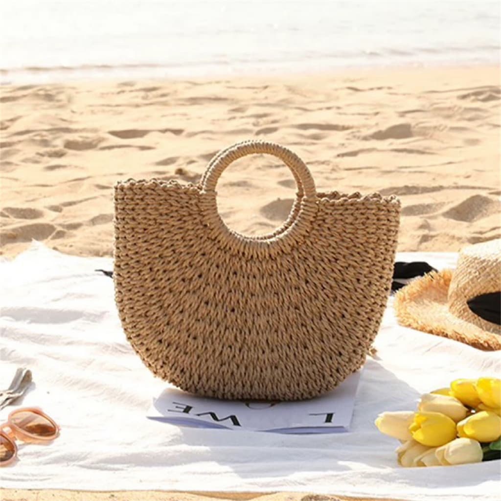 Juzia Bolsas Bolsa palha feminina meia lua bolsa de praia de mão alça transversal forro de tecido fecho com cordão