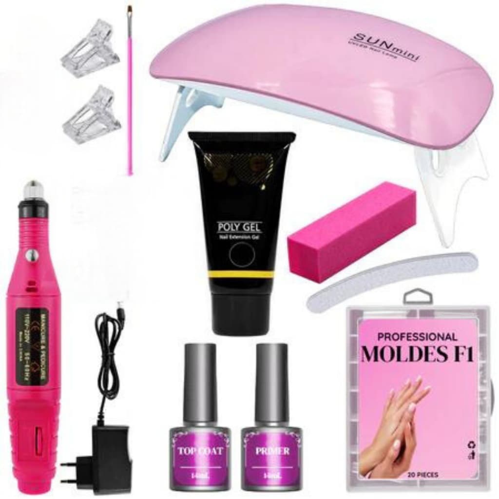 Kit Extensão de Unhas Polygel Poligel Molde F1 Mini Cabine Pincel Presilhas Lixas