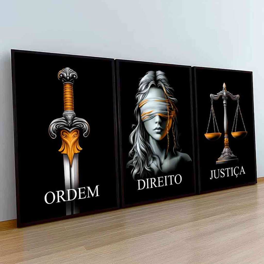 Kit Quadros Decorativos Mosaico 3 Peças Deusa da Justiça Frase Ordem Direito Profissão Advogado Juiz