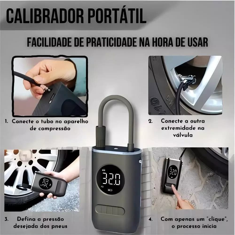 Mini Compressor de Ar Portatil Recarregavél Digital USB Calibrador Pneu