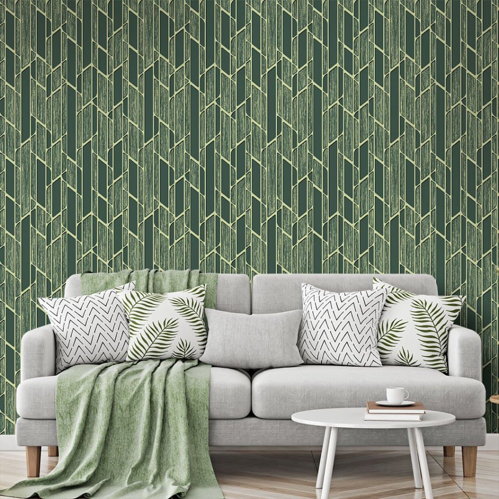 Papel de Parede Geométrico Verde e Dourado Com Cola Inclusa