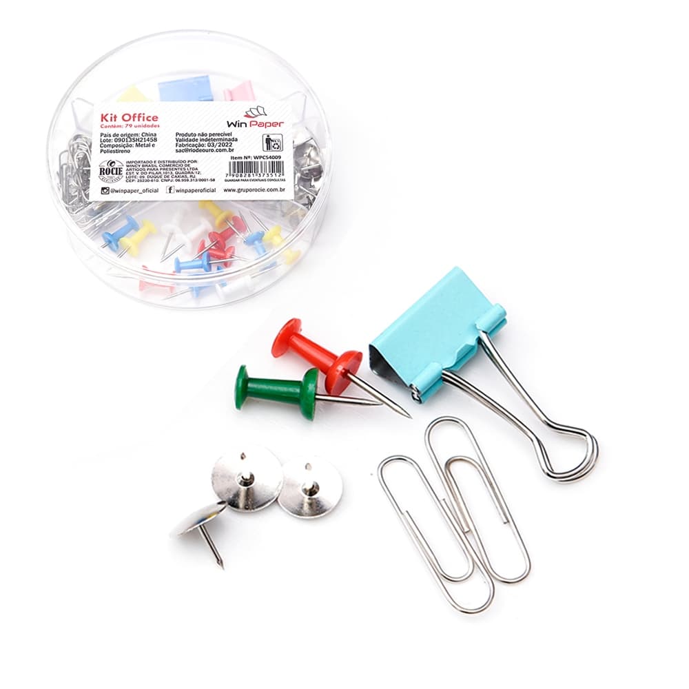 KIT ESCRITORIO CLIPS / BINDERS / TACHINHA PERCEVEJO / ALFINETE TACHINHA PARA MAPA E CORTICA TACA WIN PAPER 79 PECAS