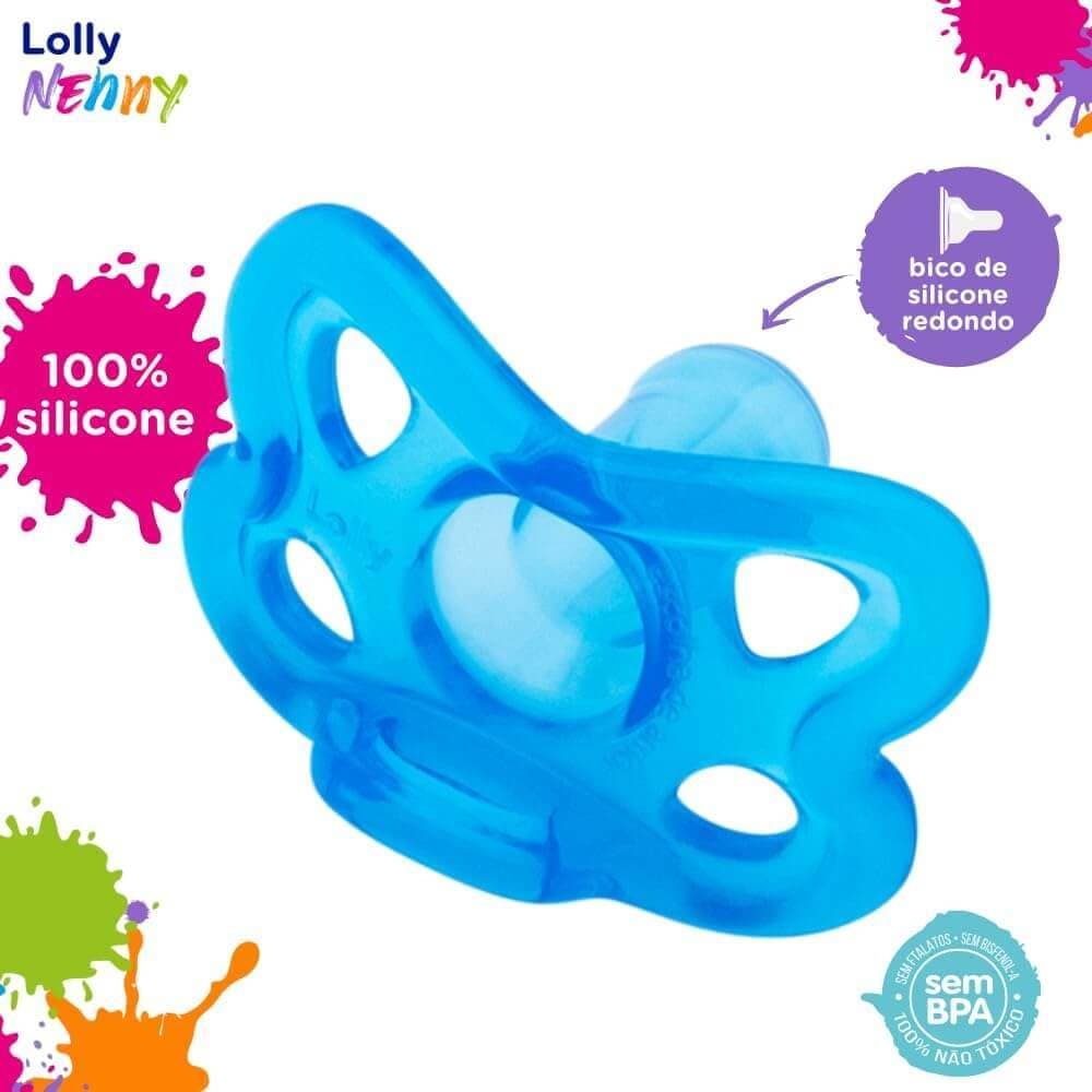 Chupeta 100 % Silicone Bico Redondo T2 +6meses Azul Lolly