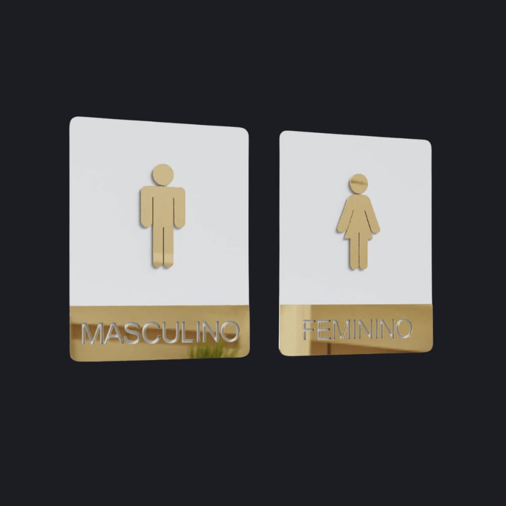 Kit Placas Sinalizacao de Porta MDF Acrílico Banheiro MAS/FEM 2un