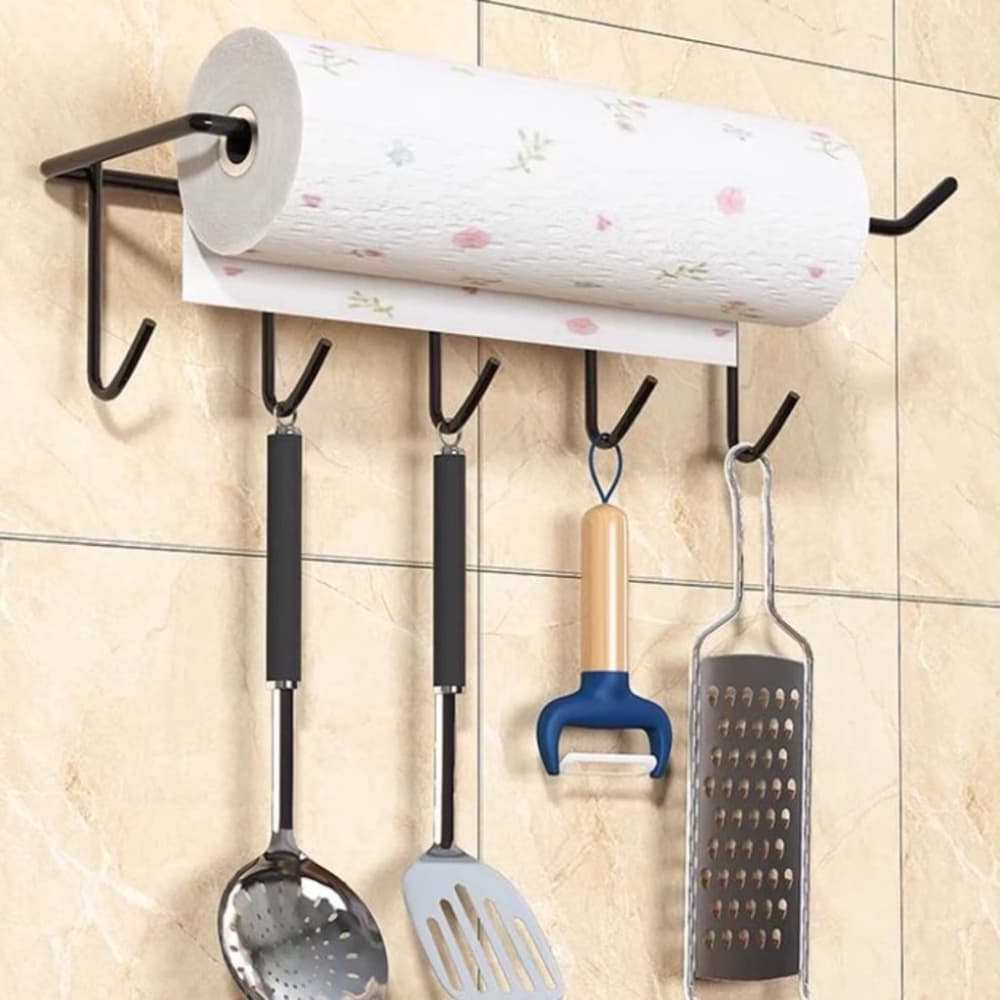 Suporte De Parede Porta Papel Toalha Com 5 Ganchos Metal e Multiuso Cozinha Banheiro
